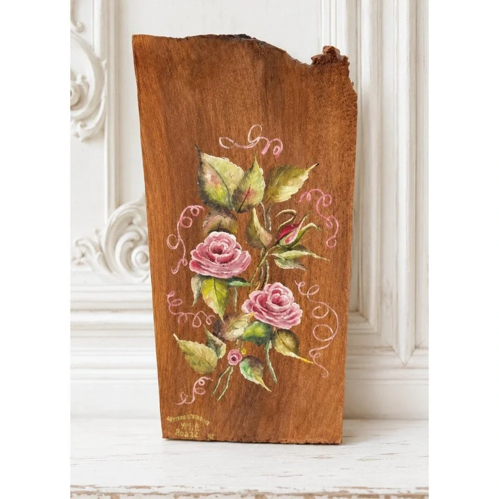Vintage Wood Hand Painted Plaque Folk Art Rose Flower Raw Edges 1979 Signed